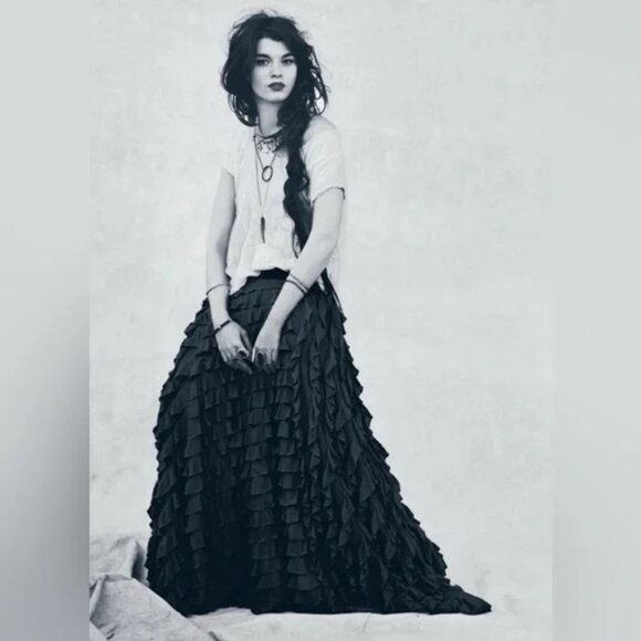 RARE+STUNNING Free People Black Tiered Ruffled Lydia Maxi Skirt, MSRP $349, SP - Picture 1 of 5